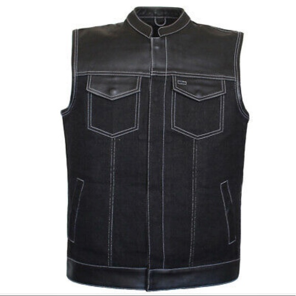 Men  Leather and Denim Biker Club Style Motorcycle Concealed Carry Vest - Picture 3 of 5
